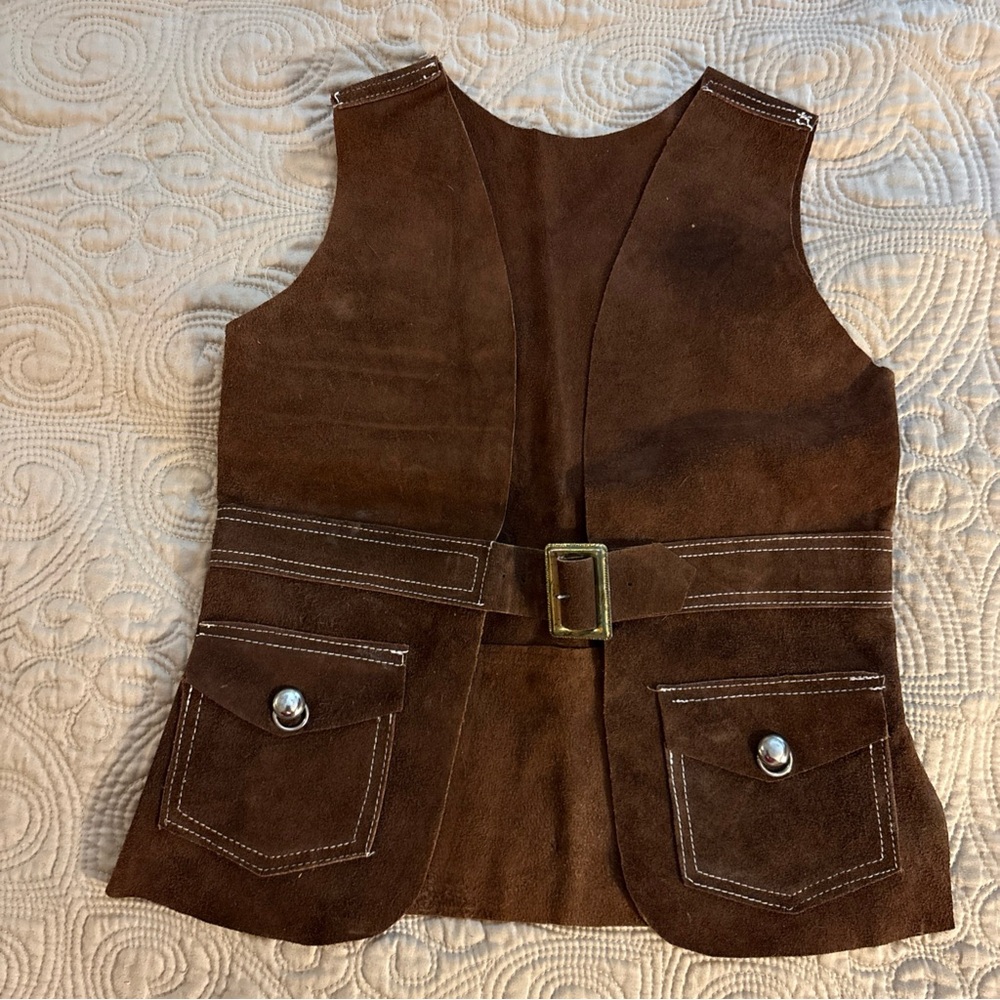 Vintage‎ homemade Child’s Brown Suede Vest with Belt and Pockets